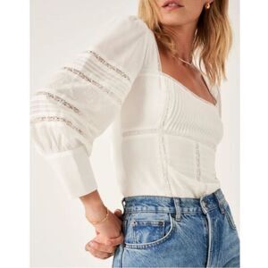 Reformation Top White Long Sleeve Square Neck Embroidered Sz 10